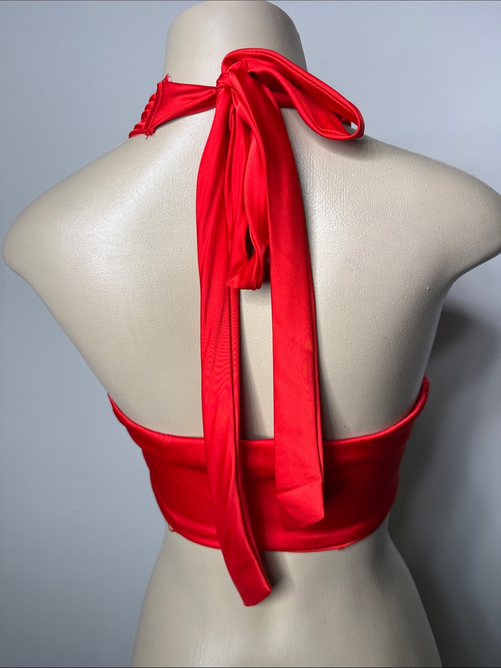 Red Satin Cross-Front Tie Bandeau Halter Top - Picture 5 of 5